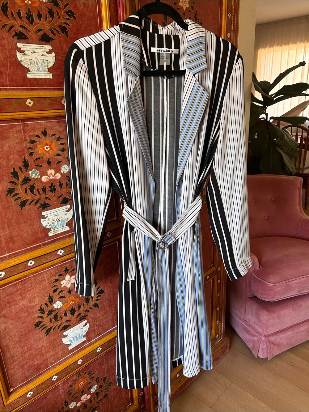 Peter Nygard Black, White & Light Blue Striped Belted Long-Sleeve Dress